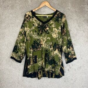 Iguana Tunic Womens Medium Green Rayon V Neck Pullover 3/4 Sleeve Boho- 2216*